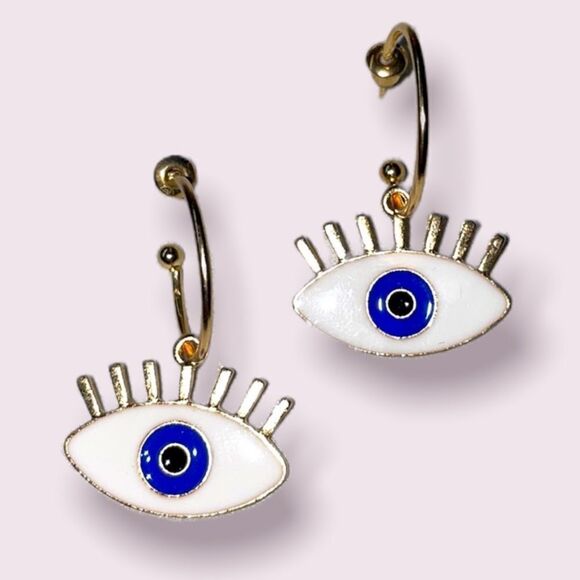 Evil Eve Mini Hoops Gold Earrings - Picture 1 of 6